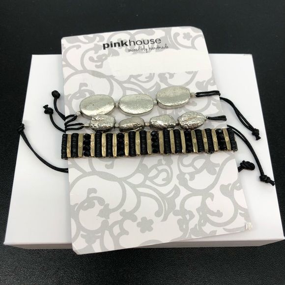 Set of 3 Mixed Metal Gold Silver Beaded Pull Corded Braided Bracelets - Picture 1 of 4